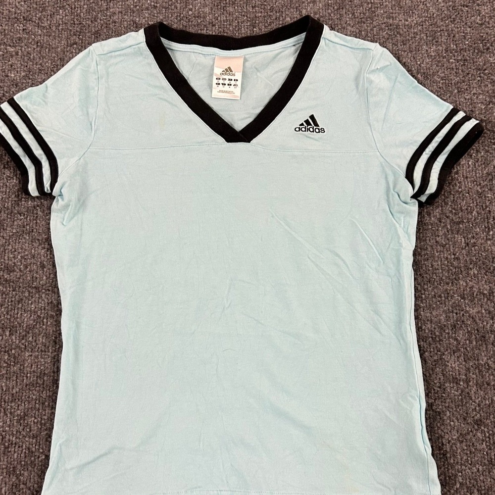 Adidas T-Shirt Womens Size S Light Blue V-Neck 3-Stripe Sleeve Athletic Slim Fit